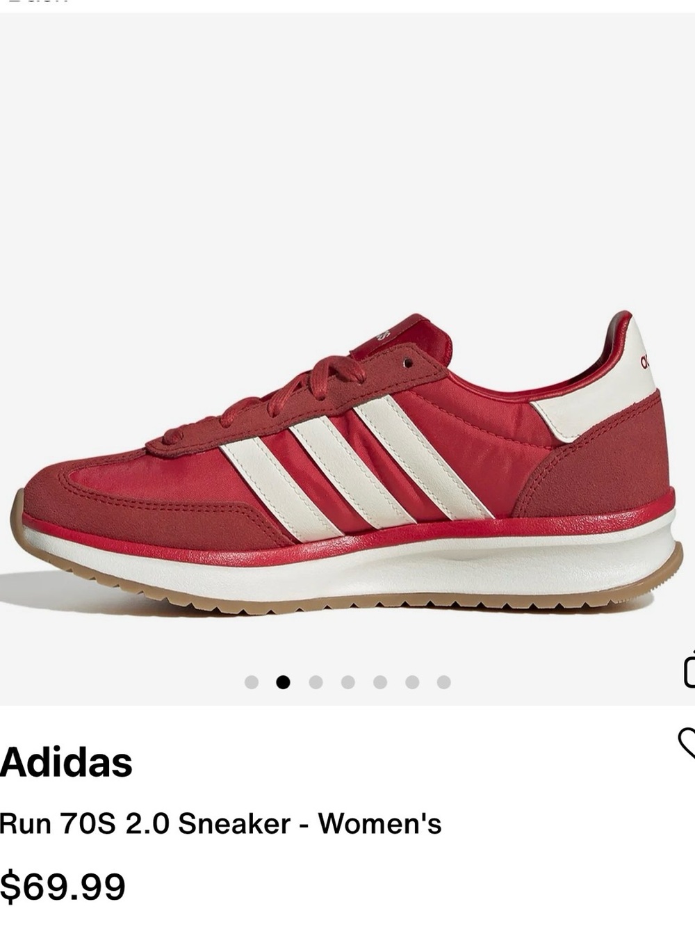 adidas Run 70S 2.0
Women's Retro Runner Sneaker in Red with White Stripes - Picture 2 of 6
